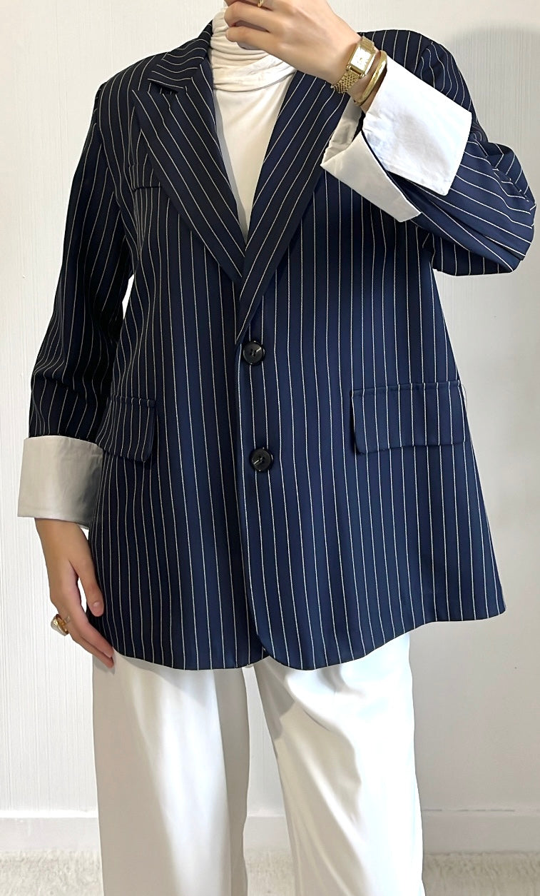 Blazer Rayé Bleu Marine Oversize